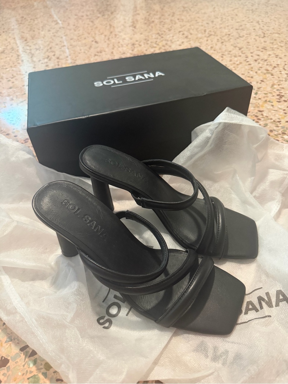 Sol Sana Black Strappy Square-Toe Block Heel Sandals